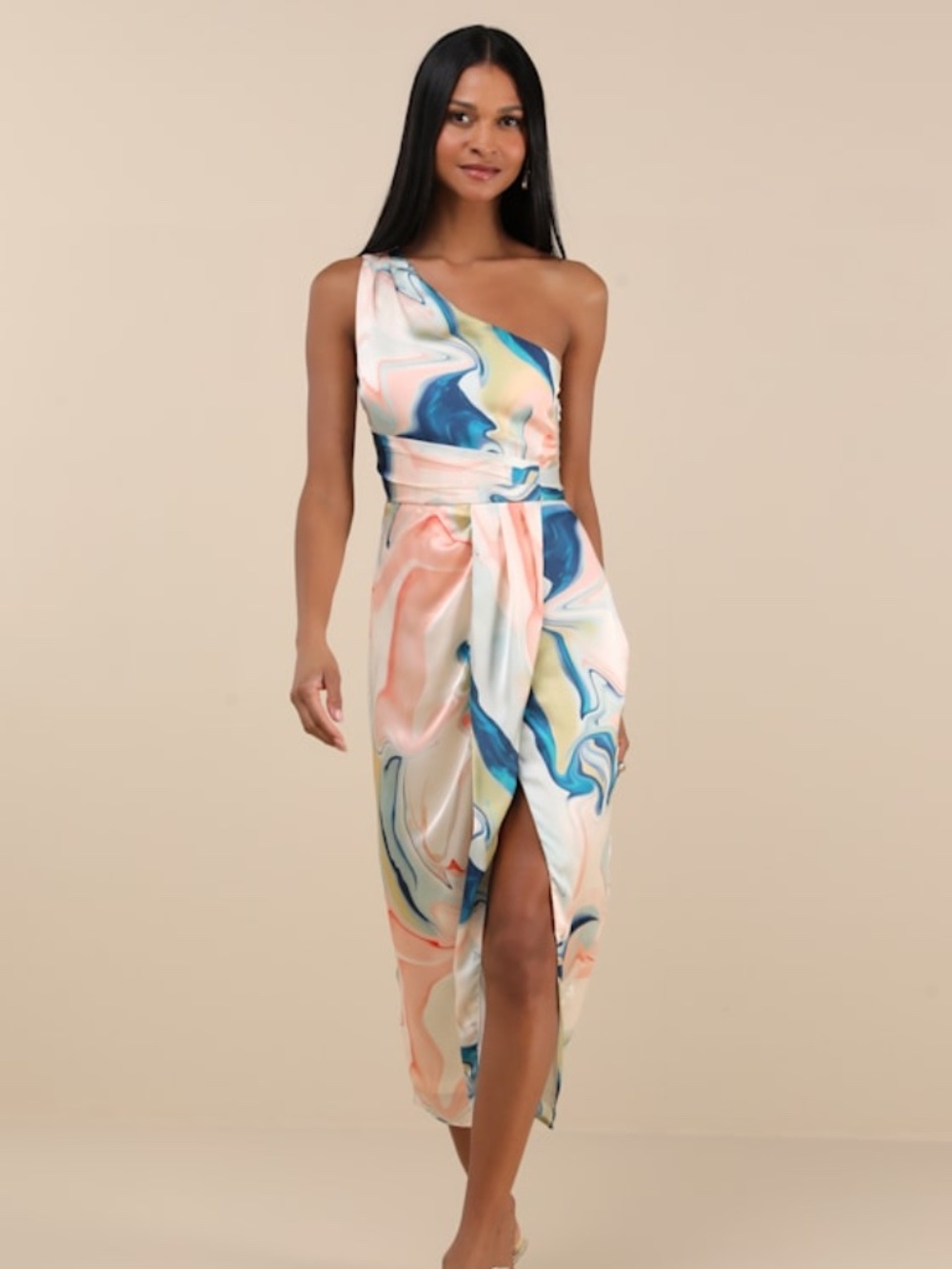 Lulu's One-Shoulder Marble-Swash Midi Dress in Blue, Peach & Cream